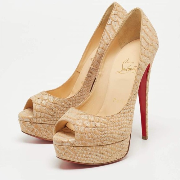 Christian Louboutin Two Tone Python Embossed Leather Lady Peep Pumps Size 37 - Picture 1 of 6
